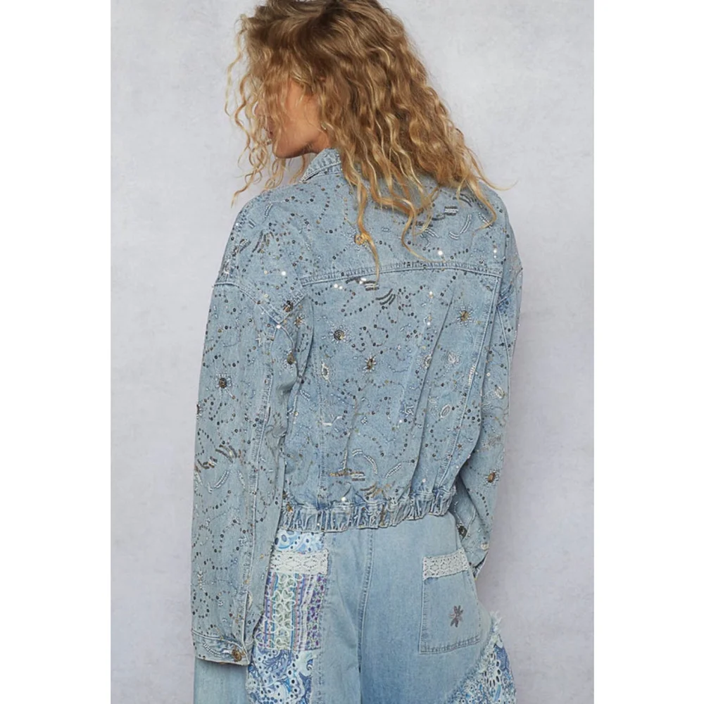 Women's Pol Light Blue Sequin Embellished Jean Jacket L - Picture 3 of 7